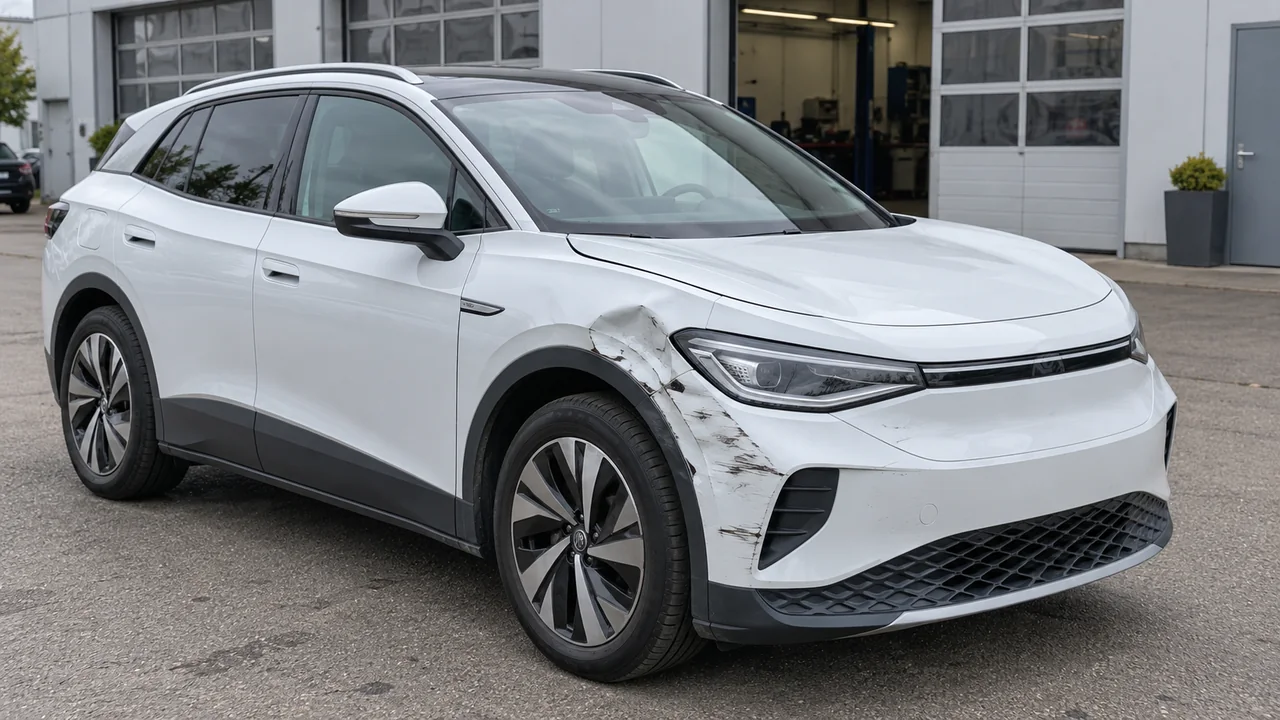 Weißes Elektroauto mit einer Delle und Kratzspuren am vorderen Kotflügel vor einer Werkstatt.