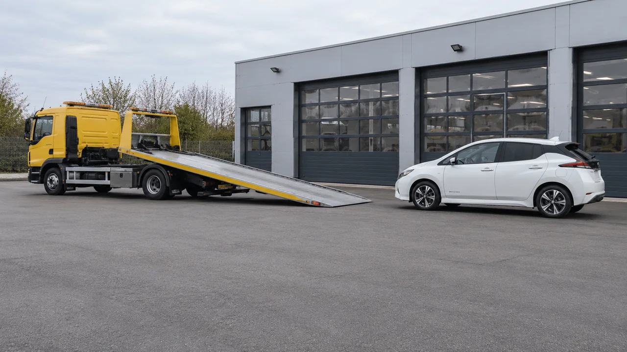 Weißes Elektroauto vor der abgesenkten Ladefläche eines Fahrzeugtransporters.