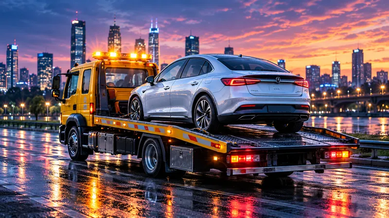 Elektroauto auf der Ladefläche eines Abschleppwagens. Symbolbild.