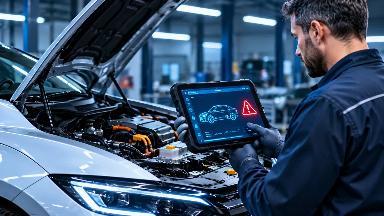 Techniker mit Diagnosegerät an einem Elektroauto. Symbolbild.