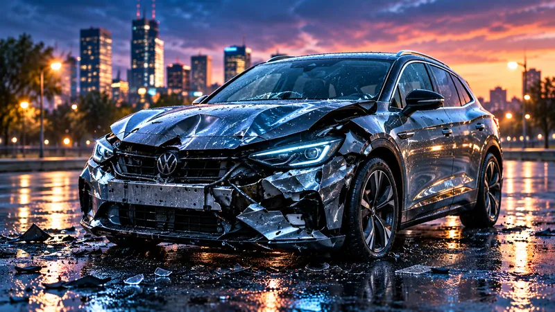 Illustration eines dunklen Elektroautos mit starkem Frontschaden.
