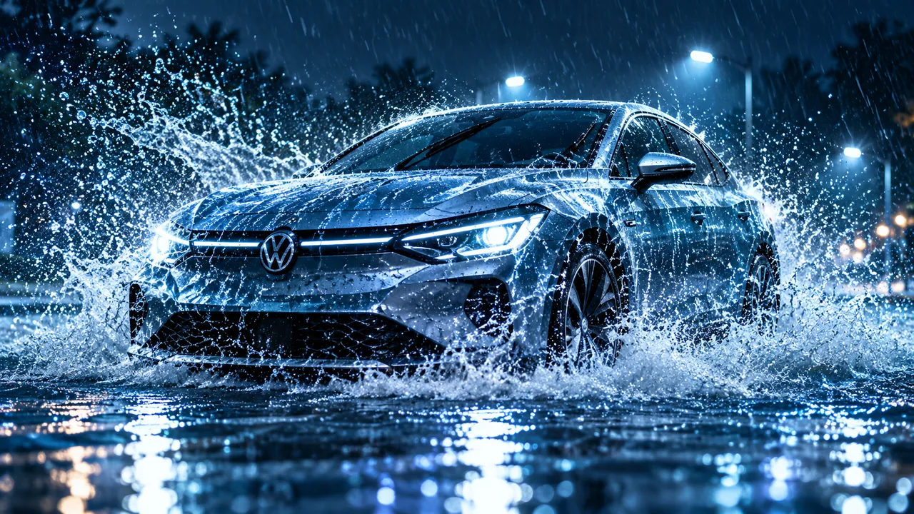 Elektroauto in Regen und aufspritzendem Wasser. Symbolbild für Wassereinwirkung.