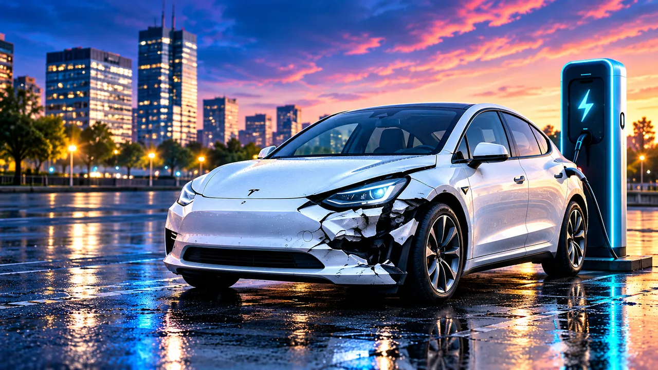 Weißes Elektroauto mit Frontschaden vor einer modernen Skyline. Werbemotiv.